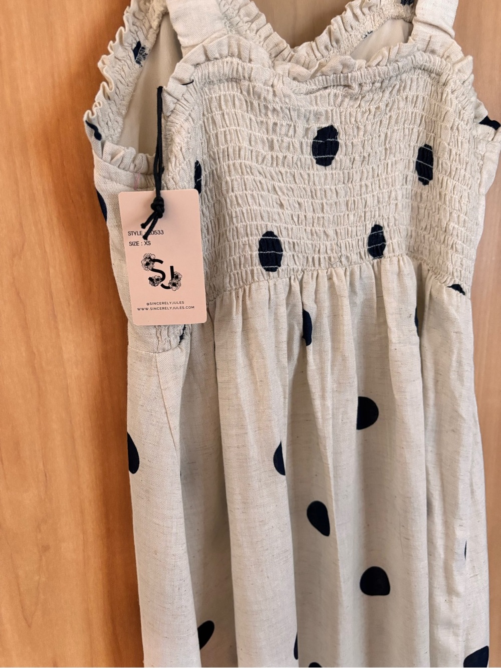 NWT Sincerely Jules Natural & Dark Navy Polka Dot Linen Blend Dress XS - Picture 6 of 12